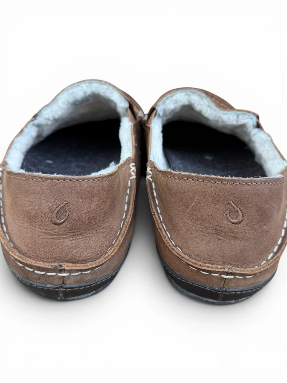 OluKai Moloa Slippers Men’s‎ 12 Brown Leather Shearling Lined Loafers